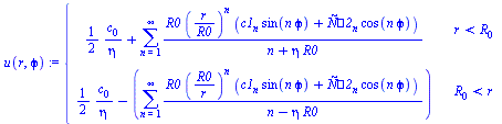 piecewise(`<`(r, R[0]), `+`(`/`(`*`(`/`(1, 2), `*`(c[0])), `*`(eta)), sum(`/`(`*`(R0, `*`(`^`(`/`(`*`(r), `*`(R0)), n), `*`(`+`(`*`(c1[n], `*`(sin(`*`(n, `*`(`ϕ`))))), `*`(`?2`[n], `*`(cos(`*`...