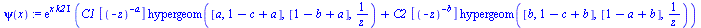 `:=`(psi(x), `*`(exp(`*`(x, `*`(k2, `*`(I)))), `*`(`+`(`*`(C1, `*`([`^`(`+`(`-`(z)), `+`(`-`(a)))], `*`(hypergeom([a, `+`(1, `-`(c), a)], [`+`(1, `-`(b), a)], `/`(1, `*`(z)))))), `*`(C2, `*`([`^`(`+`(...