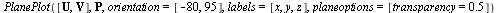 PlanePlot([U, V], P, orientation = [VectorCalculus:-`-`(80), 95], labels = [x, y, z], planeoptions = [transparency = .5])