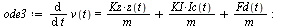 `:=`(ode3, diff(v(t), t) = `+`(`/`(`*`(Kz, `*`(z(t))), `*`(m)), `/`(`*`(KI, `*`(Ic(t))), `*`(m)), `/`(`*`(Fd(t)), `*`(m)))); -1