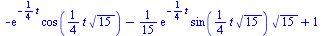 `+`(`-`(`*`(exp(`+`(`-`(`*`(`/`(1, 4), `*`(t))))), `*`(cos(`+`(`*`(`/`(1, 4), `*`(t, `*`(`^`(15, `/`(1, 2)))))))))), `-`(`*`(`/`(1, 15), `*`(exp(`+`(`-`(`*`(`/`(1, 4), `*`(t))))), `*`(sin(`+`(`*`(`/`(...