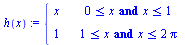 `:=`(h, proc (x) options operator, arrow; piecewise(`and`(`<=`(0, x), `<=`(x, 1)), x, `and`(`<=`(1, x), `<=`(x, `+`(`*`(2, `*`(Pi))))), 1) end proc)