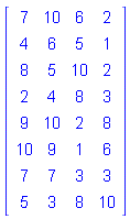 Matrix(8, 4, {(1, 1) = 7, (1, 2) = 10, (1, 3) = 6, (1, 4) = 2, (2, 1) = 4, (2, 2) = 6, (2, 3) = 5, (2, 4) = 1, (3, 1) = 8, (3, 2) = 5, (3, 3) = 10, (3, 4) = 2, (4, 1) = 2, (4, 2) = 4, (4, 3) = 8, (4, 4) = 3, (5, 1) = 9, (5, 2) = 10, (5, 3) = 2, (5, 4) = 8, (6, 1) = 10, (6, 2) = 9, (6, 3) = 1, (6, 4) = 6, (7, 1) = 7, (7, 2) = 7, (7, 3) = 3, (7, 4) = 3, (8, 1) = 5, (8, 2) = 3, (8, 3) = 8, (8, 4) = 10})