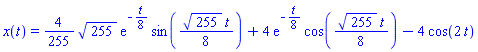 x(t) = (4/255)*(255^(1/2)*exp(-t/8)*sin(255^(1/2)*t/8))+4*exp(-t/8)*cos(255^(1/2)*t/8)-4*cos(2*t)
