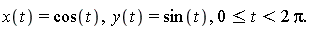 "x(t)=cos(t),  y(t)= sin(t), 0<=t<2 Pi."