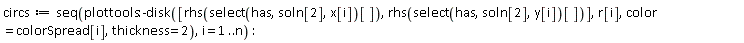circs := seq(plottools:-disk([rhs(select(has, soln[2], x[i])[]), rhs(select(has, soln[2], y[i])[])], r[i], color = colorSpread[i], thickness = 2), i = 1 .. n)