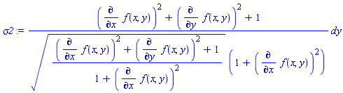 _DG([["form", M, 1], [[[2], ((diff(f(x, y), x))^2+(diff(f(x, y), y))^2+1)/((((diff(f(x, y), x))^2+(diff(f(x, y), y))^2+1)/(1+(diff(f(x, y), x))^2))^(1/2)*(1+(diff(f(x, y), x))^2))]]])